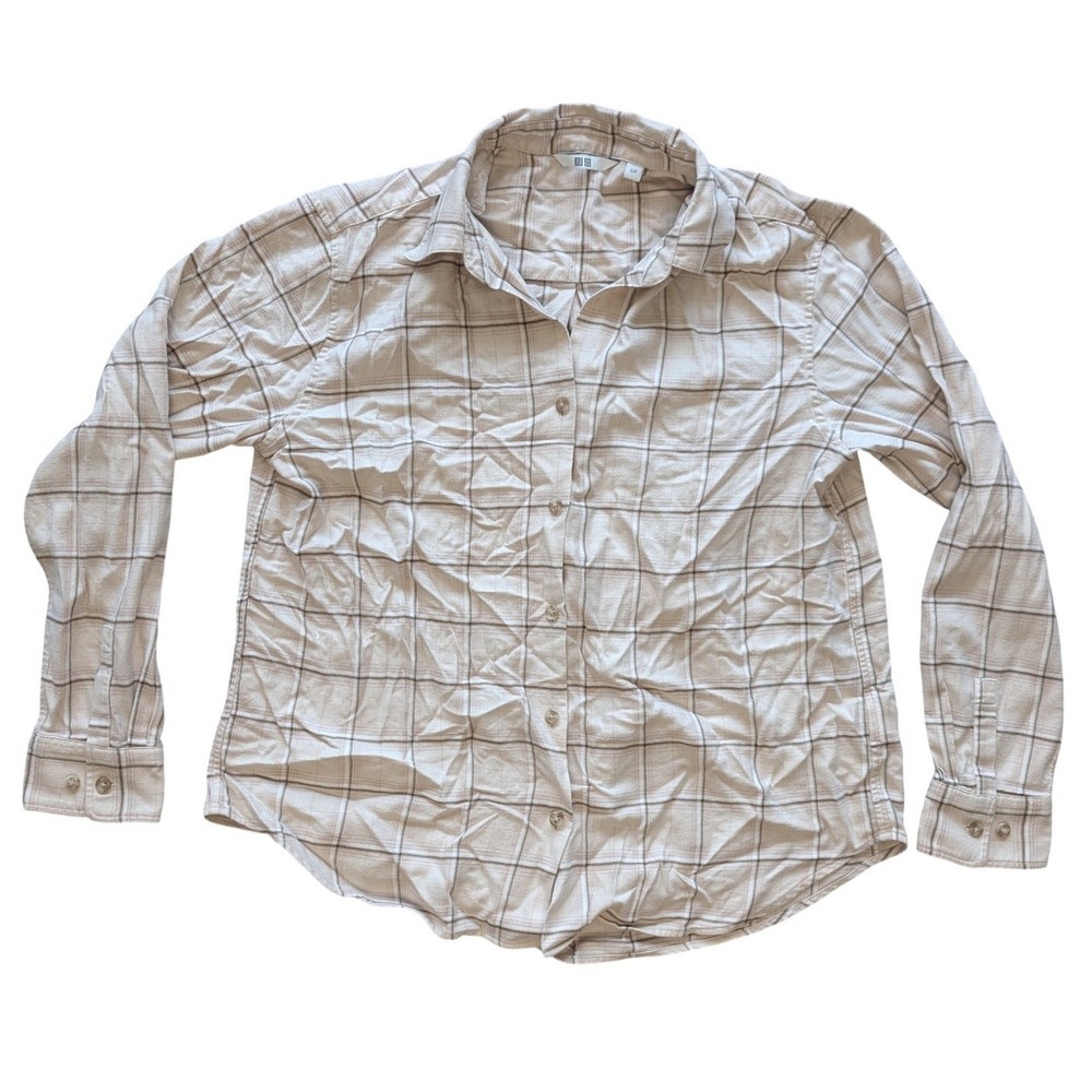 Uniqlo‎ Small Cream Plaid Button Up Down Long Sleeve Collared Shirt Oversized